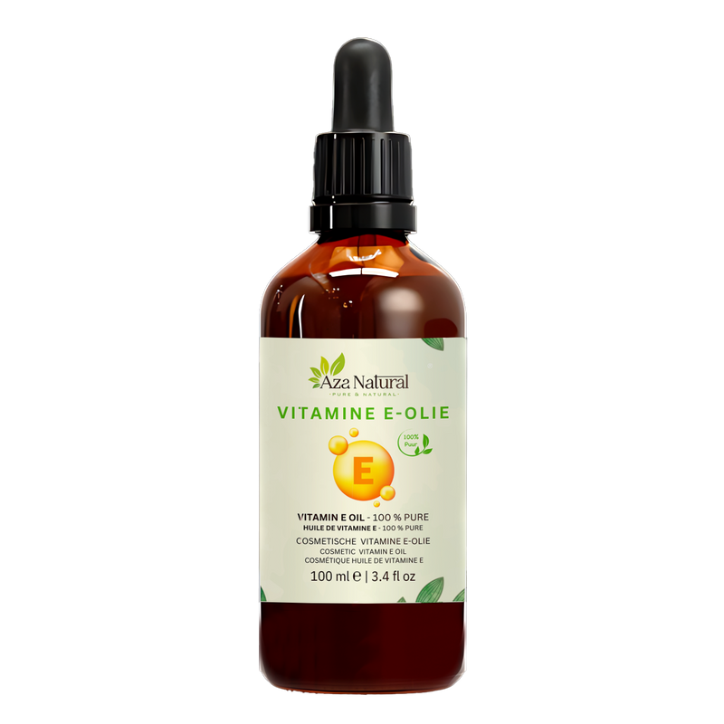 Vitamine E olie 100 ml van Aza Natural, fles van donker glas met pipet en een etiket met een gele druppel met de letter E