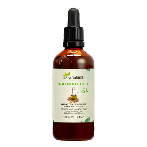 Walnussöl 100 ml von Aza Natural, Flasche aus dunklem Glas mit Pipette, Etikett mit einem Krug Öl und Walnüssen