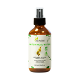 Flesje witch hazel water van Aza Natural, 250 ml, bruin glas met sprayknop en een etiket met gele toverhazelaarbloemen