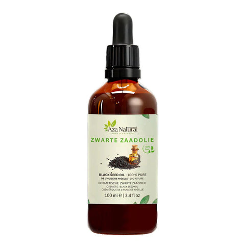 Fles zwarte zaadolie van Aza Natural, 100 ml, donker glas met pipet en een etiket met zwarte zaadjes