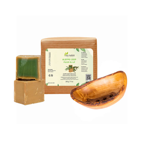 Savon d'Alep 200 g - 20% d'huile de laurier pour la peau et les cheveux avec porte-savon ovale en bois d'olivier