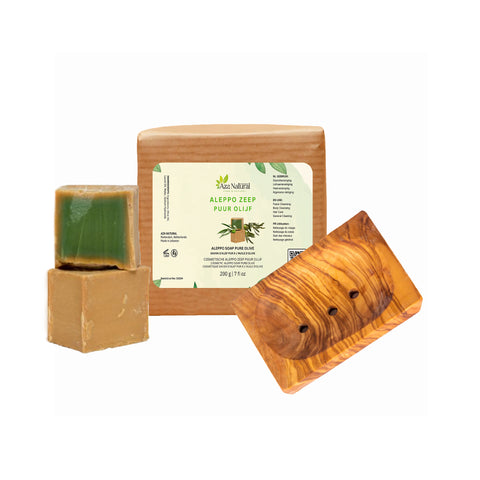 Savon d'Alep 200 g - 20% d'huile de laurier pour la peau et les cheveux avec porte-savon en bois d'olivier