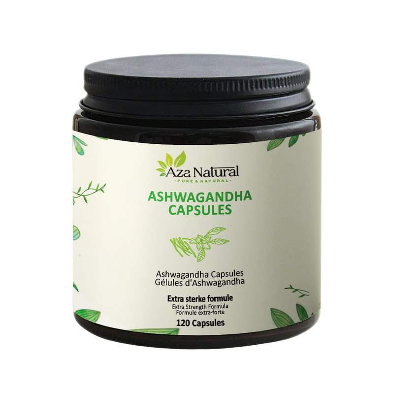 Dose Ashwagandha-Kapseln von Aza Natural mit 120 Kapseln, dunkles Glas mit Schraubdeckel