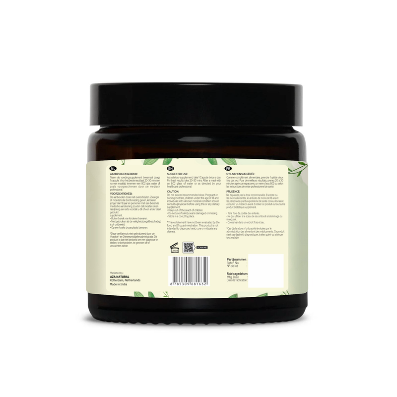 Rückseite der Dose Ashwagandha-Kapseln von Aza Natural mit dem dreisprachigen Etikett und dem Barcode