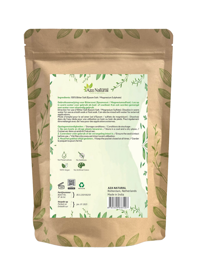 Rückseite des Beutels Bittersalz von Aza Natural mit Inhaltsstoffzeile, Gebrauchsanweisung und Chargennummer