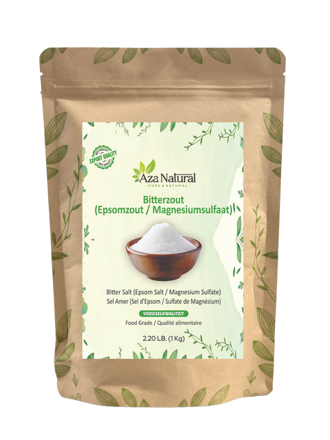 Zak bitterzout van Aza Natural, 1 kg, bruine stazak met een etiket met een schaaltje wit zout