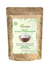 Sachet de sel d’Epsom d’Aza Natural, 1 kg, sachet kraft brun avec une étiquette montrant un bol de sel blanc