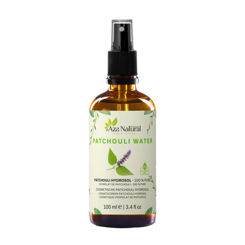 Flasche Patchouliwasser von Aza Natural, 100 ml, Braunglas mit Sprühkopf, Etikett mit Patchoulizweig mit lila Blütenähre