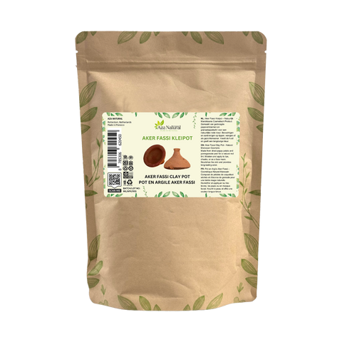 Beutel der Aker Fassi Tonschale von Aza Natural, Kraftpapier mit Zip, Etikett mit einer Zeichnung des Tonschälchens