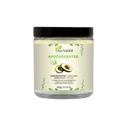 Tiegel Avocadobutter von Aza Natural, 100 g, Glastiegel mit schwarzem Deckel und Etikett mit einer halben Avocado