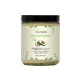 Beurre d’avocat 250 g d’Aza Natural, pot en verre à couvercle noir et étiquette avec un demi-avocat