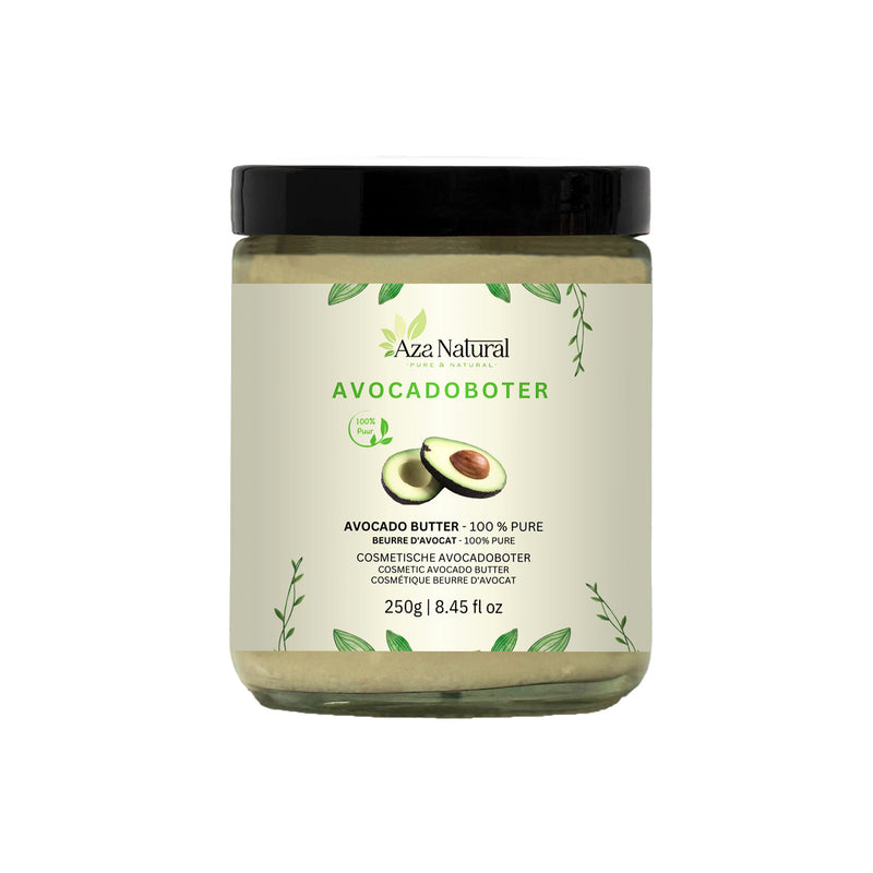 Avocadobutter 250 g von Aza Natural, Glastiegel mit schwarzem Deckel und Etikett mit einer halben Avocado