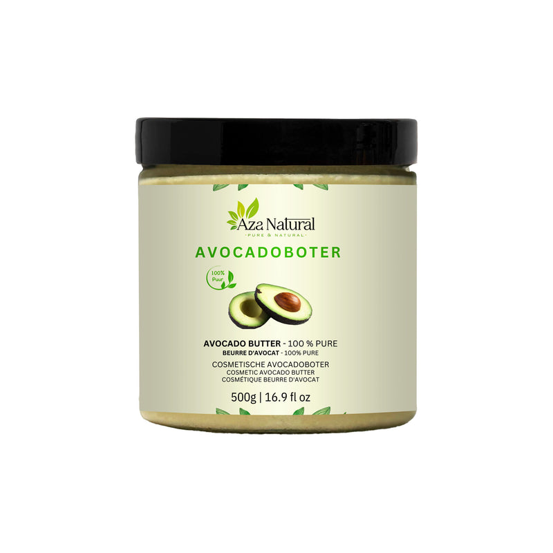 Avocadobutter 500 g von Aza Natural, Glastiegel mit schwarzem Deckel und Etikett mit einer halben Avocado