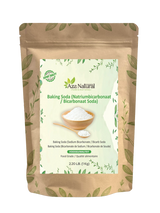 Zak baksoda van Aza Natural, 1 kg, voorkant met etiket Baking Soda, Food Grade en een houten schaal poeder