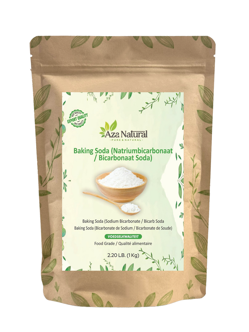 Zak baksoda van Aza Natural, 1 kg, voorkant met etiket Baking Soda, Food Grade en een houten schaal poeder
