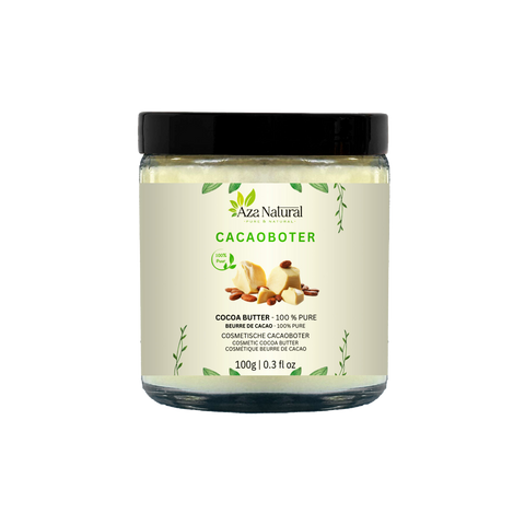 Tiegel Kakaobutter von Aza Natural, 100 g, Glastiegel mit schwarzem Deckel und Etikett mit Kakaobohnen