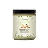 Cacaoboter 250 gram van Aza Natural, glazen pot met zwarte deksel en etiket met cacaobonen