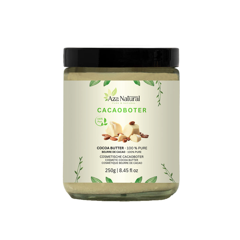 Kakaobutter 250 g von Aza Natural, Glastiegel mit schwarzem Deckel und Etikett mit Kakaobohnen