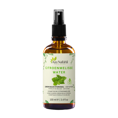 Flesje citroenmelisse water van Aza Natural, 100 ml, bruin glas met sprayknop en een etiket met een bosje melisseblaadjes