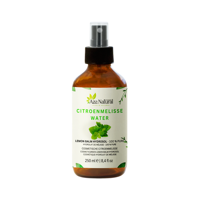 Flasche Melissenwasser von Aza Natural, 250 ml, Braunglas mit Sprühkopf und ein Etikett mit einem Bund Melissenblätter