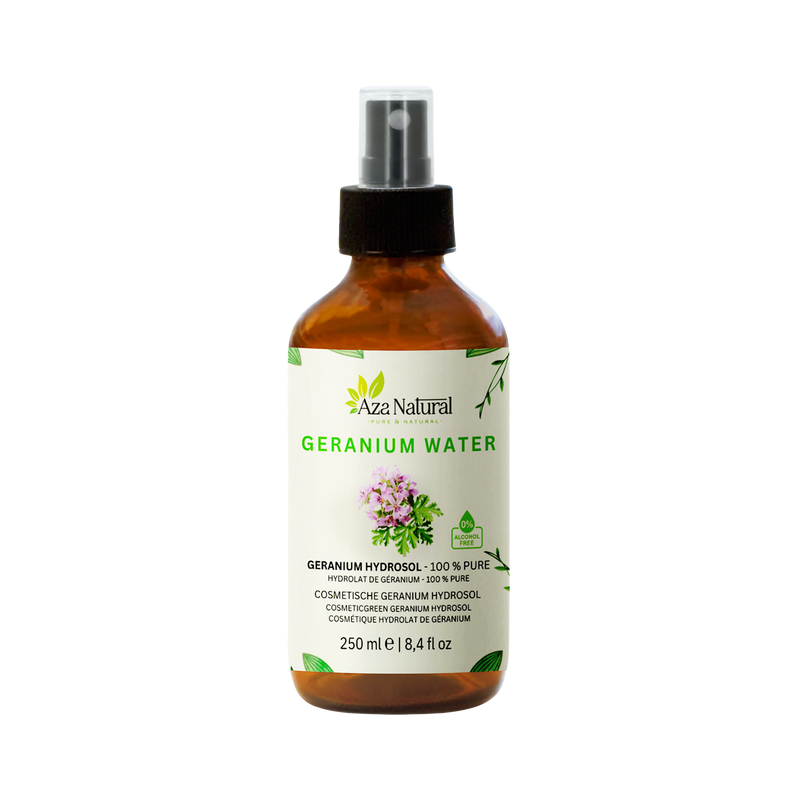Flesje geranium water van Aza Natural, 250 ml, bruin glas met sprayknop en een etiket met roze geraniumbloemen