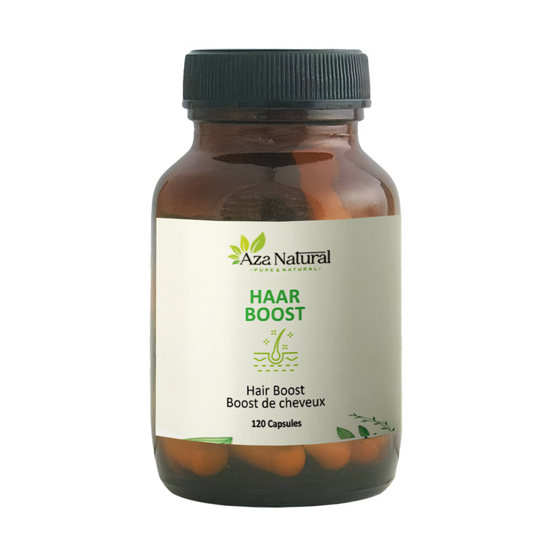 Dose Haar Boost Kapseln von Aza Natural mit 120 Kapseln, dunkles Glas mit Schraubdeckel