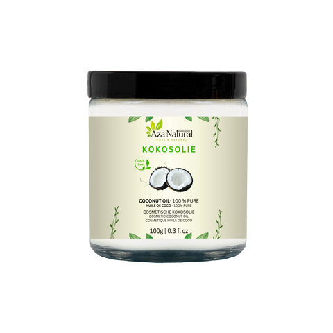 Pot d’huile de coco Aza Natural, 100 g, pot en verre à couvercle noir et étiquette avec une noix de coco