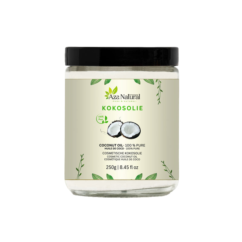 Kokosöl 250 g von Aza Natural, Glastiegel mit schwarzem Deckel und Etikett mit einer Kokosnuss