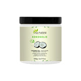 Huile de coco 500 g Aza Natural, pot en verre à couvercle noir et étiquette avec une noix de coco