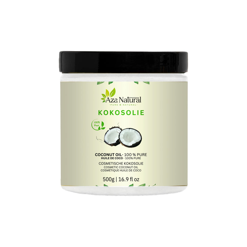 Kokosöl 500 g von Aza Natural, Glastiegel mit schwarzem Deckel und Etikett mit einer Kokosnuss