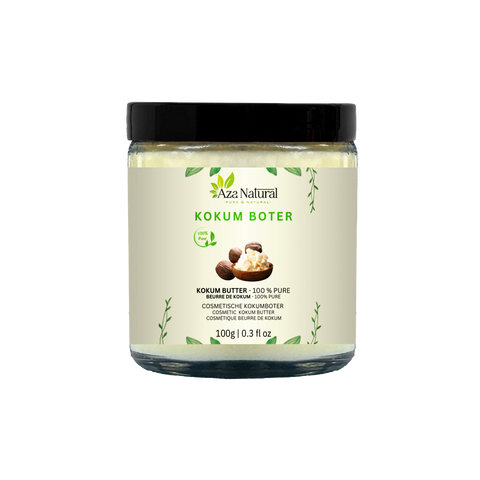 Tiegel Kokumbutter von Aza Natural, 100 g, Glastiegel mit schwarzem Deckel und Etikett mit Nüssen und Butter