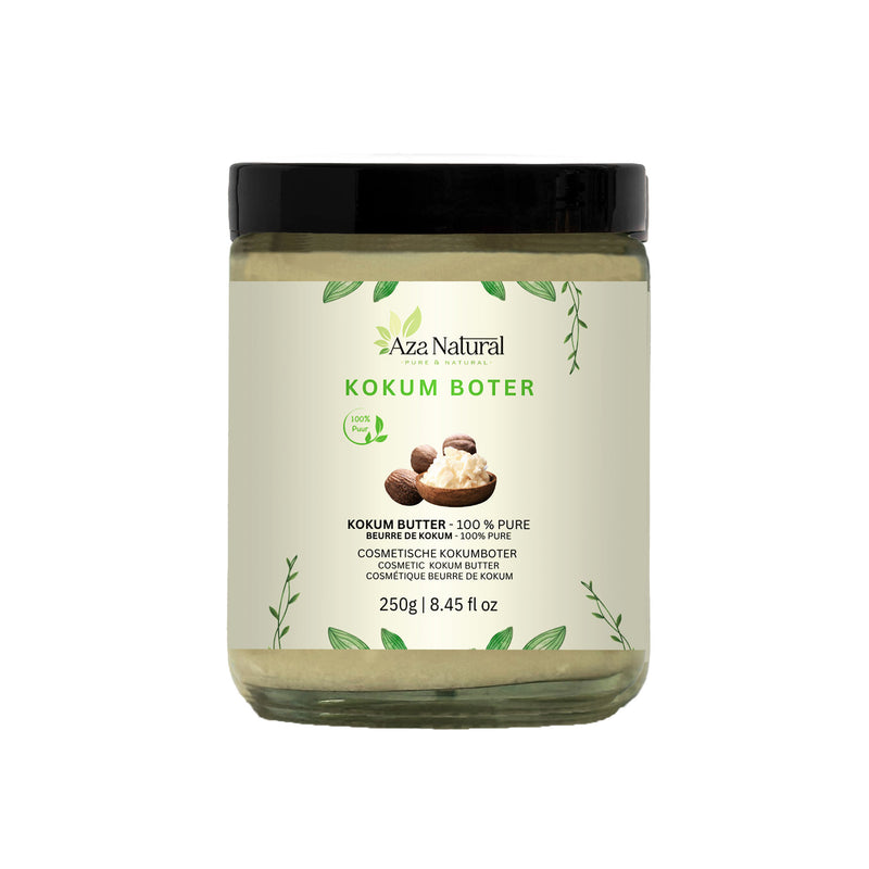Kokumbutter 250 g von Aza Natural, Glastiegel mit schwarzem Deckel und Etikett mit Nüssen und Butter