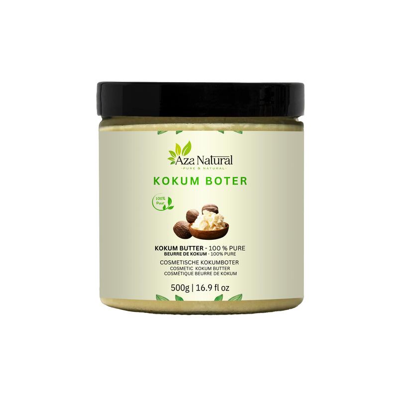 Kokumbutter 500 g von Aza Natural, Glastiegel mit schwarzem Deckel und Etikett mit Nüssen und Butter