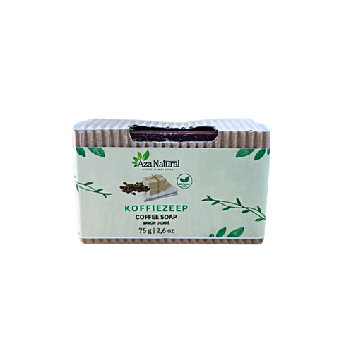 Koffiezeep van Aza Natural, donkerbruin blok van 75 gram in een wikkel van geribbeld karton met koffiebonen erop