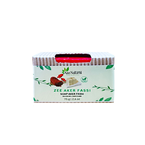 Aker fassi zeep van Aza Natural, rood blok van 75 gram in een wikkel van geribbeld karton met groene blaadjes