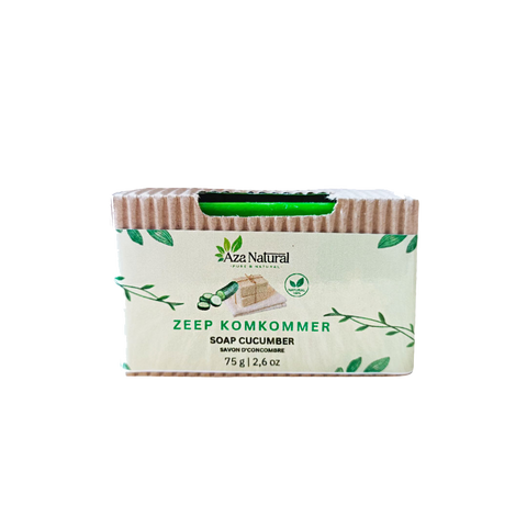 Komkommerzeep van Aza Natural, groen blok van 75 gram in een wikkel van geribbeld karton met komkommerschijfjes