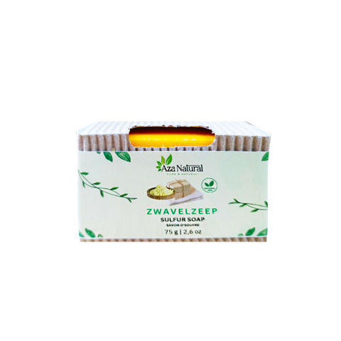 Schwefelseife von Aza Natural, gelbes Stück mit 75 g in einer Banderole aus Wellpappe mit grünen Blättern
