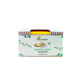Zwavelzeep van Aza Natural, geel blok van 75 gram in een wikkel van geribbeld karton met groene blaadjes