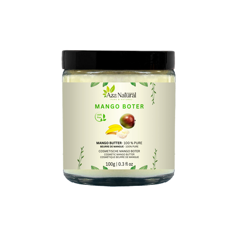 Tiegel Mangobutter von Aza Natural, 100 g, Glastiegel mit schwarzem Deckel und Etikett mit einer Mango