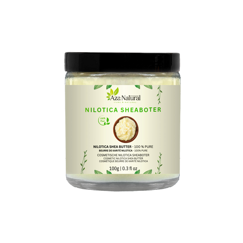 Tiegel Nilotica-Sheabutter von Aza Natural, 100 g, Glastiegel mit schwarzem Deckel und Etikett mit einer Schale Butter