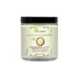 Pot nilotica sheaboter van Aza Natural, 100 gram, glazen pot met zwarte deksel en etiket met een schaaltje boter