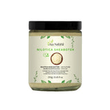 Nilotica sheaboter 250 gram van Aza Natural, glazen pot met zwarte deksel en etiket met een schaaltje boter