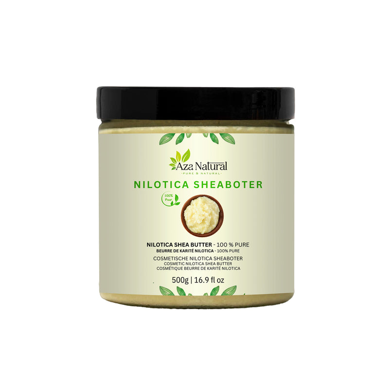 Nilotica-Sheabutter 500 g von Aza Natural, Glastiegel mit schwarzem Deckel und Etikett mit einer Schale Butter