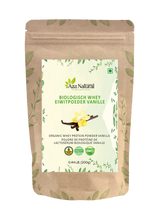 Beutel Whey Eiweißpulver Vanille von Aza Natural, 200 g, Kraftpapierbeutel mit Etikett mit Vanilleblüte und Vanilleschoten