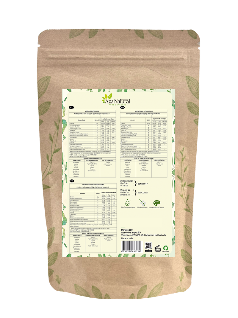 Dos du sachet de whey protéine vanille d’Aza Natural avec tableau nutritionnel, numéro de lot et code-barres