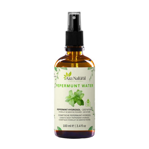 Fläschchen Pfefferminzwasser von Aza Natural, 100 ml, braunes Glas mit Sprühkopf und ein Etikett mit einem Pfefferminzzweig