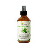 Flesje pepermunt water van Aza Natural, 250 ml, bruin glas met sprayknop en een etiket met een takje pepermunt