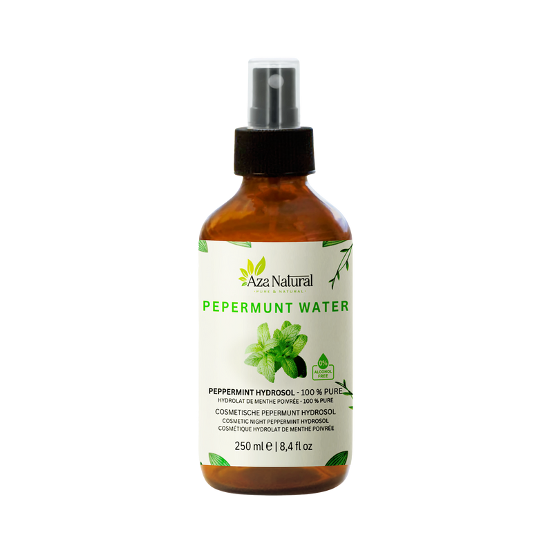 Fläschchen Pfefferminzwasser von Aza Natural, 250 ml, braunes Glas mit Sprühkopf und ein Etikett mit einem Pfefferminzzweig