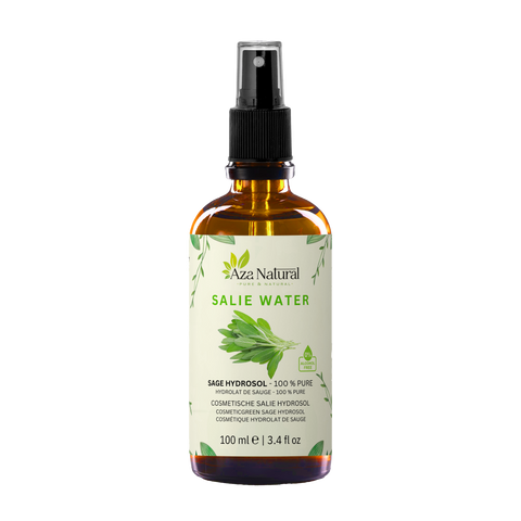 Flesje salie water van Aza Natural, 100 ml, bruin glas met sprayknop en een etiket met een bosje salieblaadjes