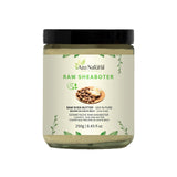 Raw sheaboter 250 gram van Aza Natural, glazen pot met zwarte deksel en etiket met sheanoten en boter